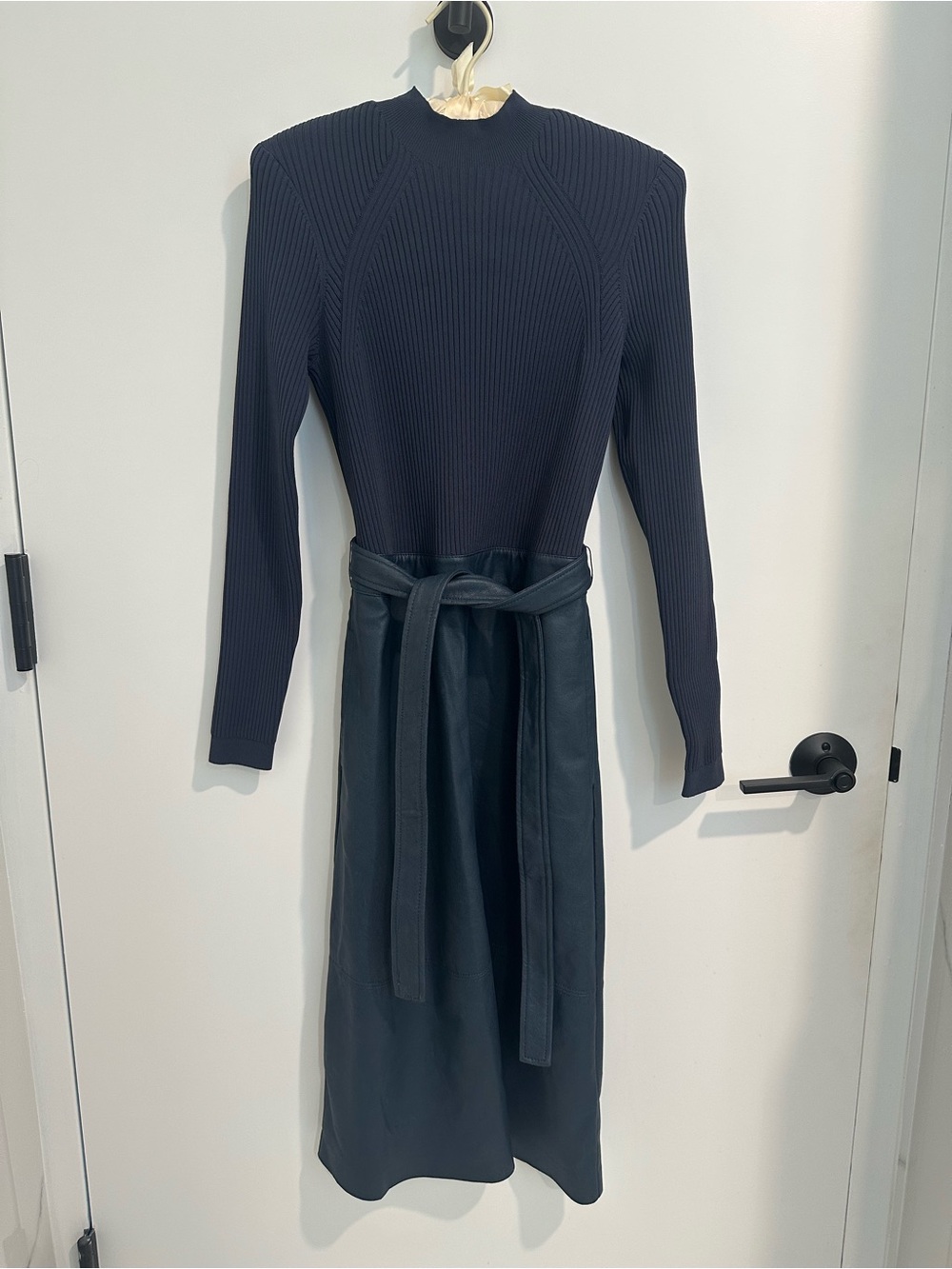 Ted Baker Navy Ribbed Knit and faux leather Long Sleeve Dress and self tie Belt